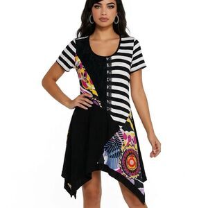 🛍️ Frank Lyman Colorful Mixed Print Lace Asymmetrical Hem Tunic Dress Sz LARGE